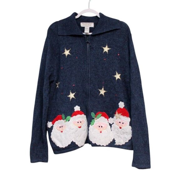 Vintage 90s Full Zip Sweater 2X Embroidered Santa Holiday Christmas Winter Ramie - Picture 1 of 11
